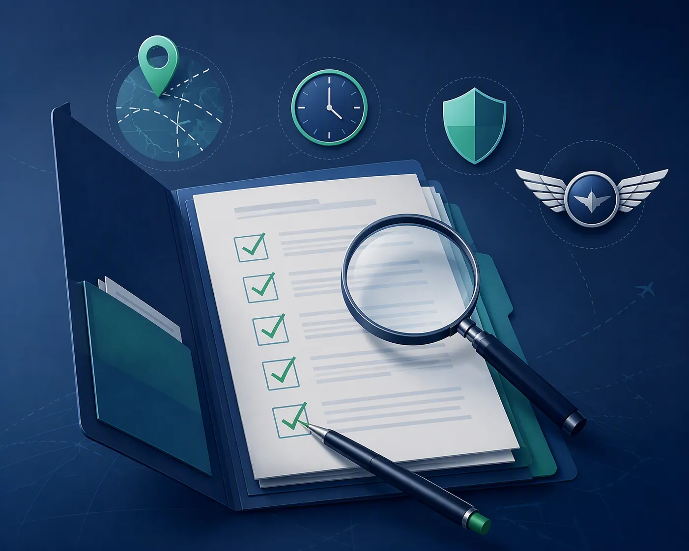 Regulatory due-diligence dossier with checked boxes, map, clock, shield, and aviation icons