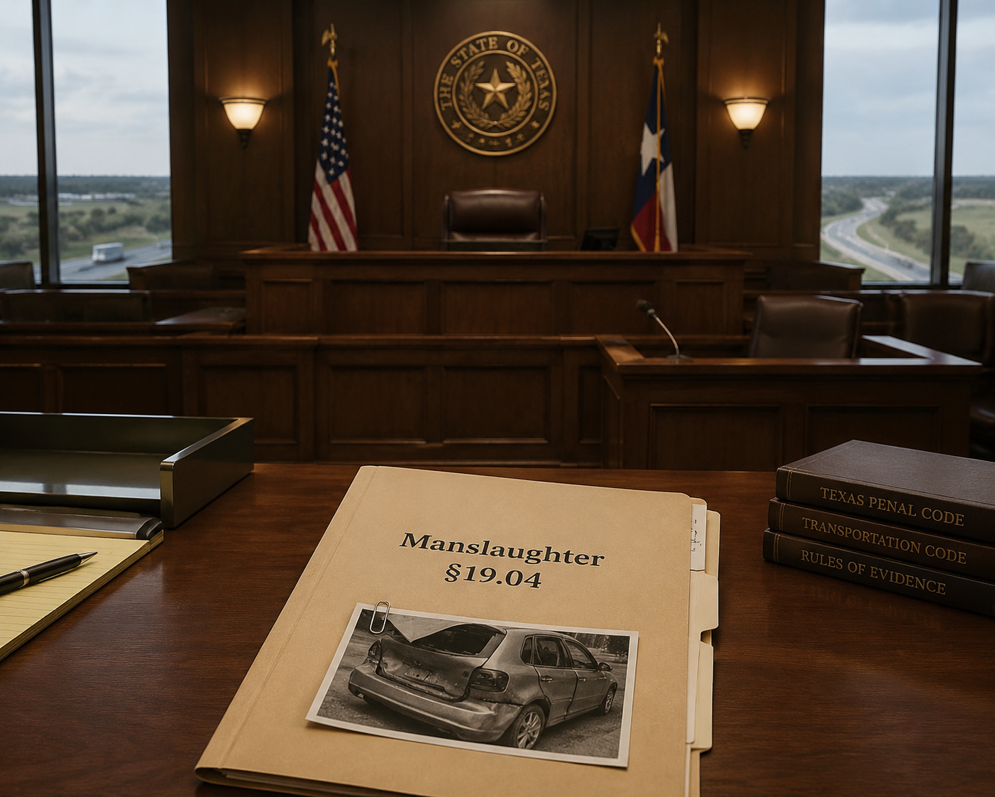 Texas courtroom with manslaughter case file and crushed vehicle hatchback photo