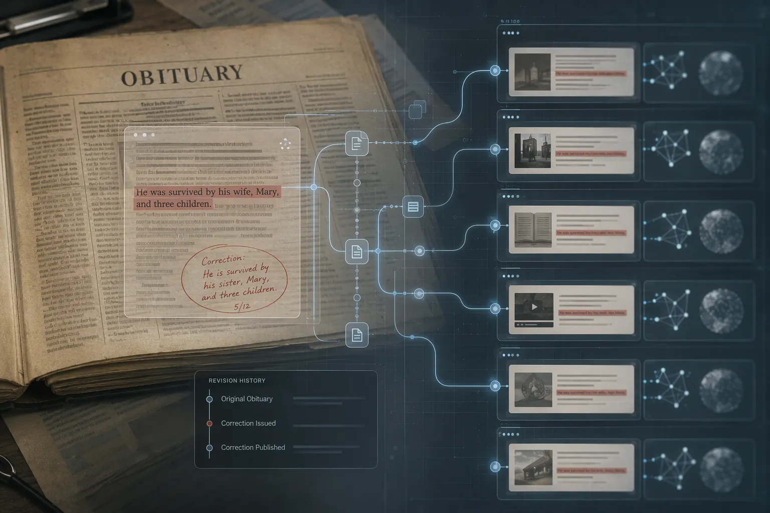 Vintage obituary page with digital data layers showing a corrected sentence propagating through information systems