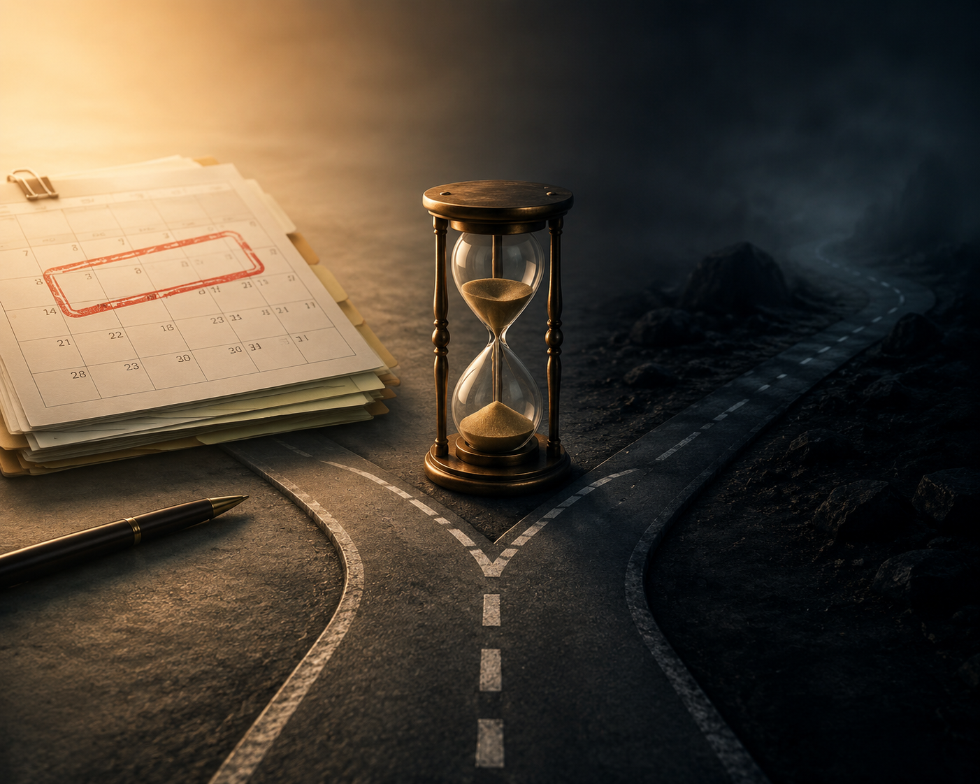 Fork in the road with a deadline document, clock, and uncertain path