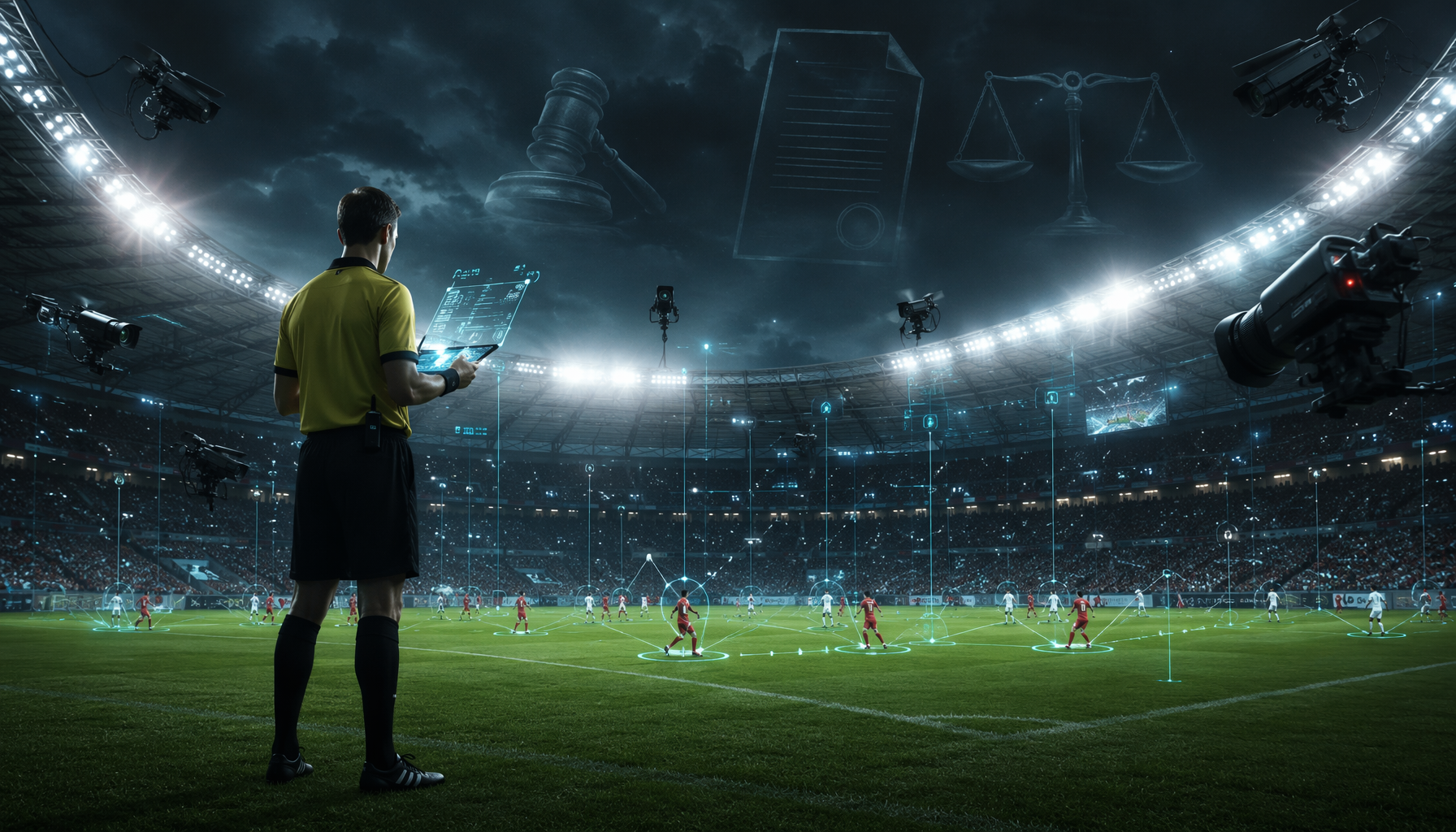 Night football stadium with digital tracking overlays, camera rigs, and disconnected legal symbols suggesting high-tech officiating without visible regulatory oversight