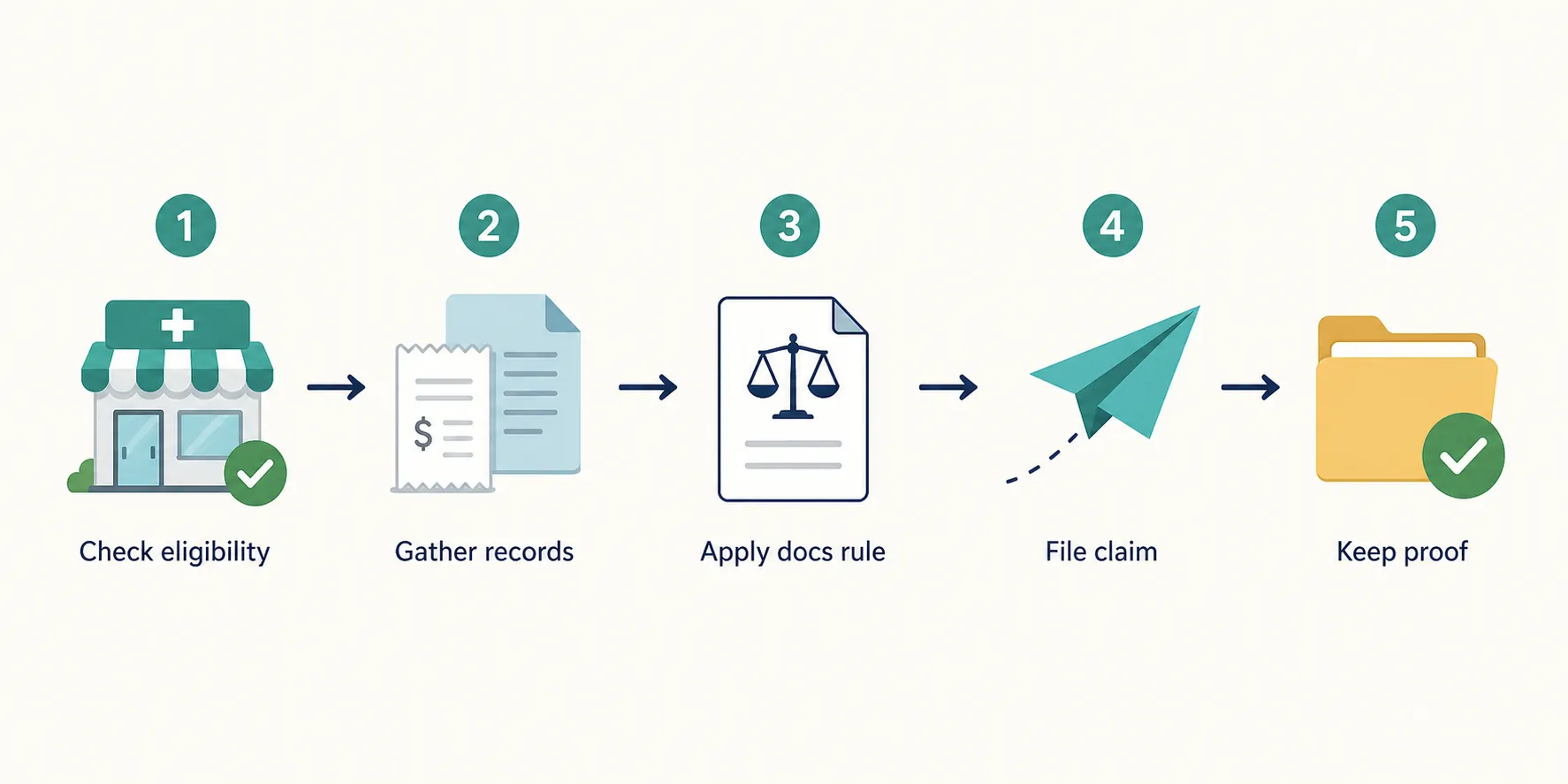 Five-step diagram showing pharmacy eligibility, records, documentation, submission, and confirmation