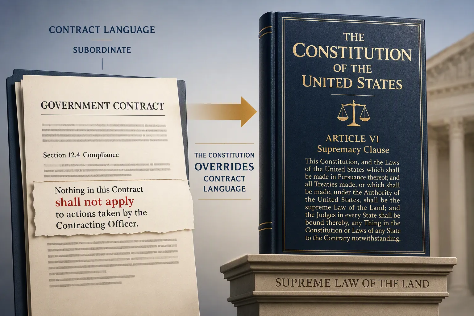 Government contract clause contrasted with the U.S. Constitution and Article VI hierarchy
