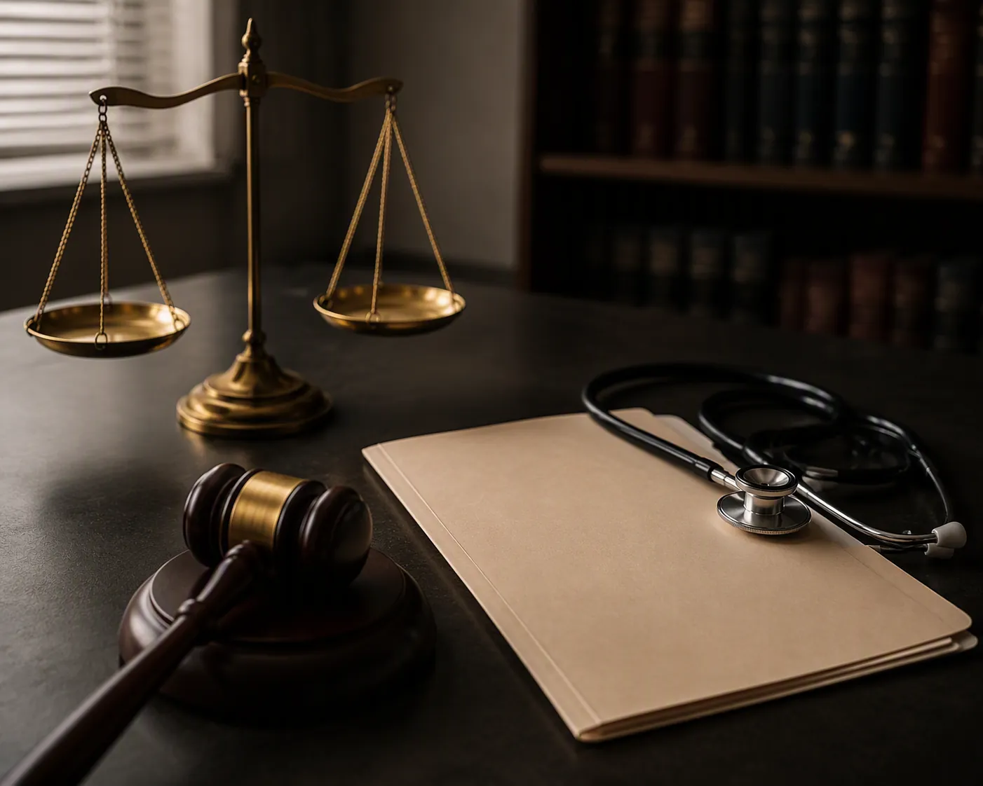 Scales of justice, a gavel, a case folder, and a stethoscope on a judge's desk