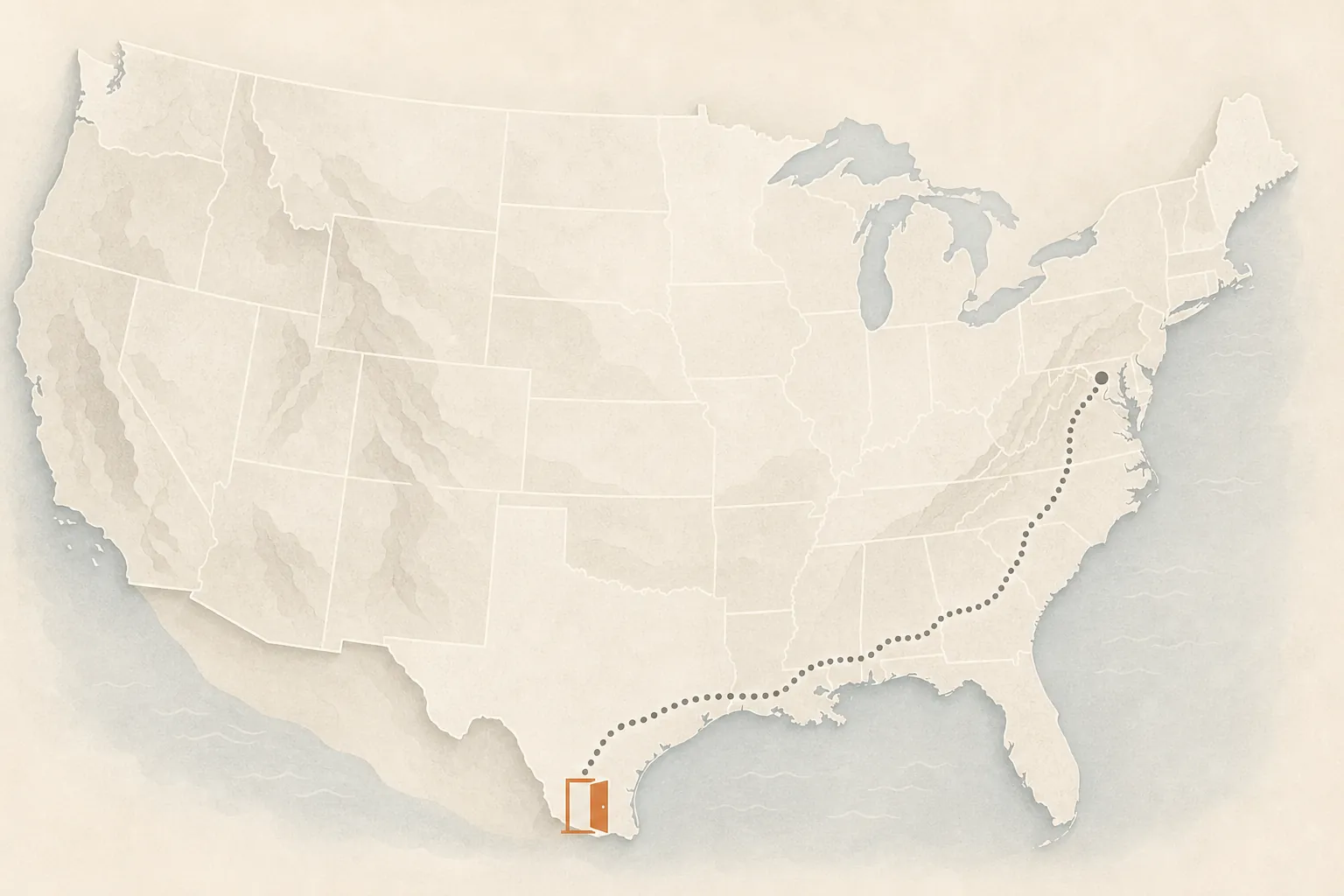 Abstract map of the United States with a dotted route from the Mid-Atlantic through the Gulf states to southern Texas