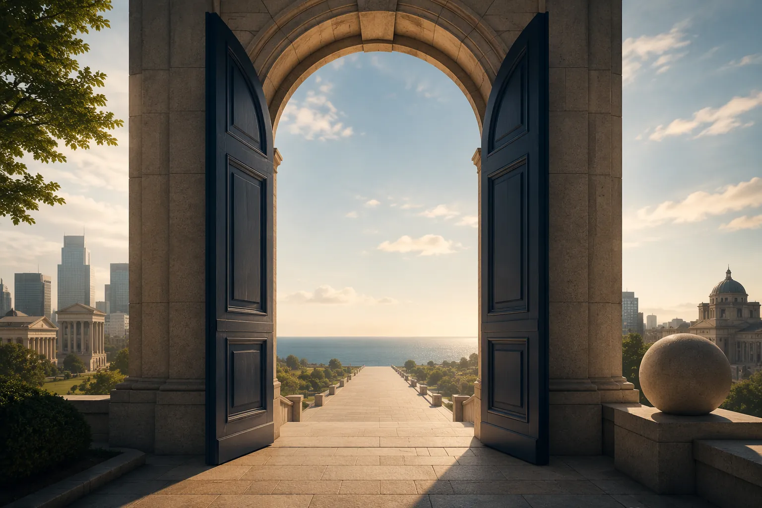 Open stone doorway in a calm financial landscape, symbolizing Roth planning routes that remain open