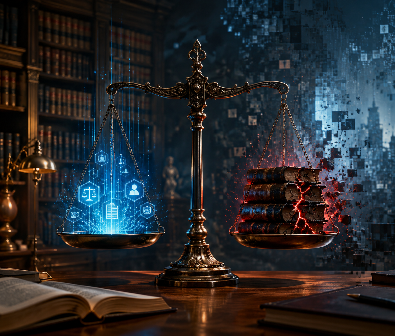Balanced scale weighing glowing AI symbols against cracked law books in a law library
