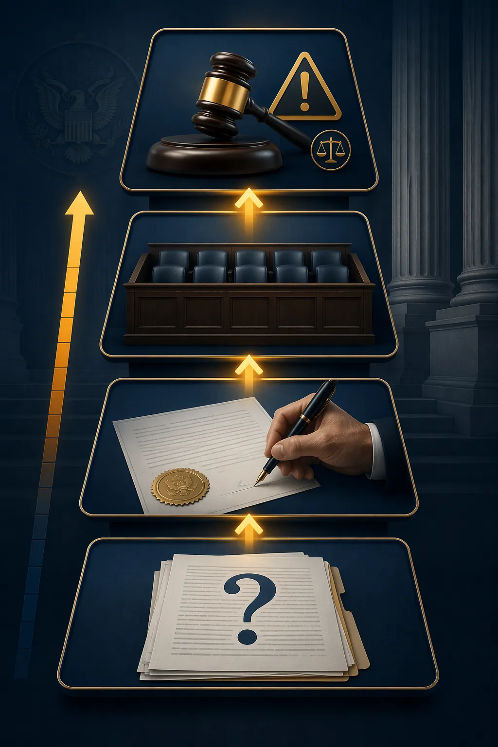 Four-stage litigation risk escalation from document questions to sworn support, grand jury refusal, and sanctions