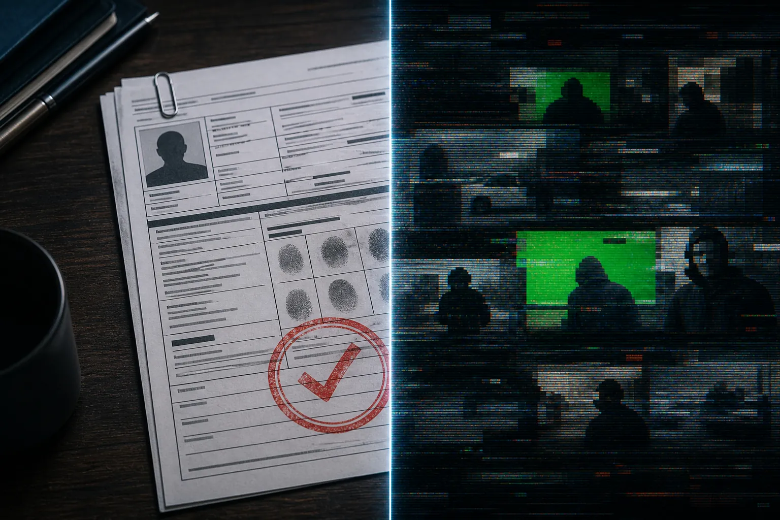 Official detention record contrasted with glitching fabricated video frames