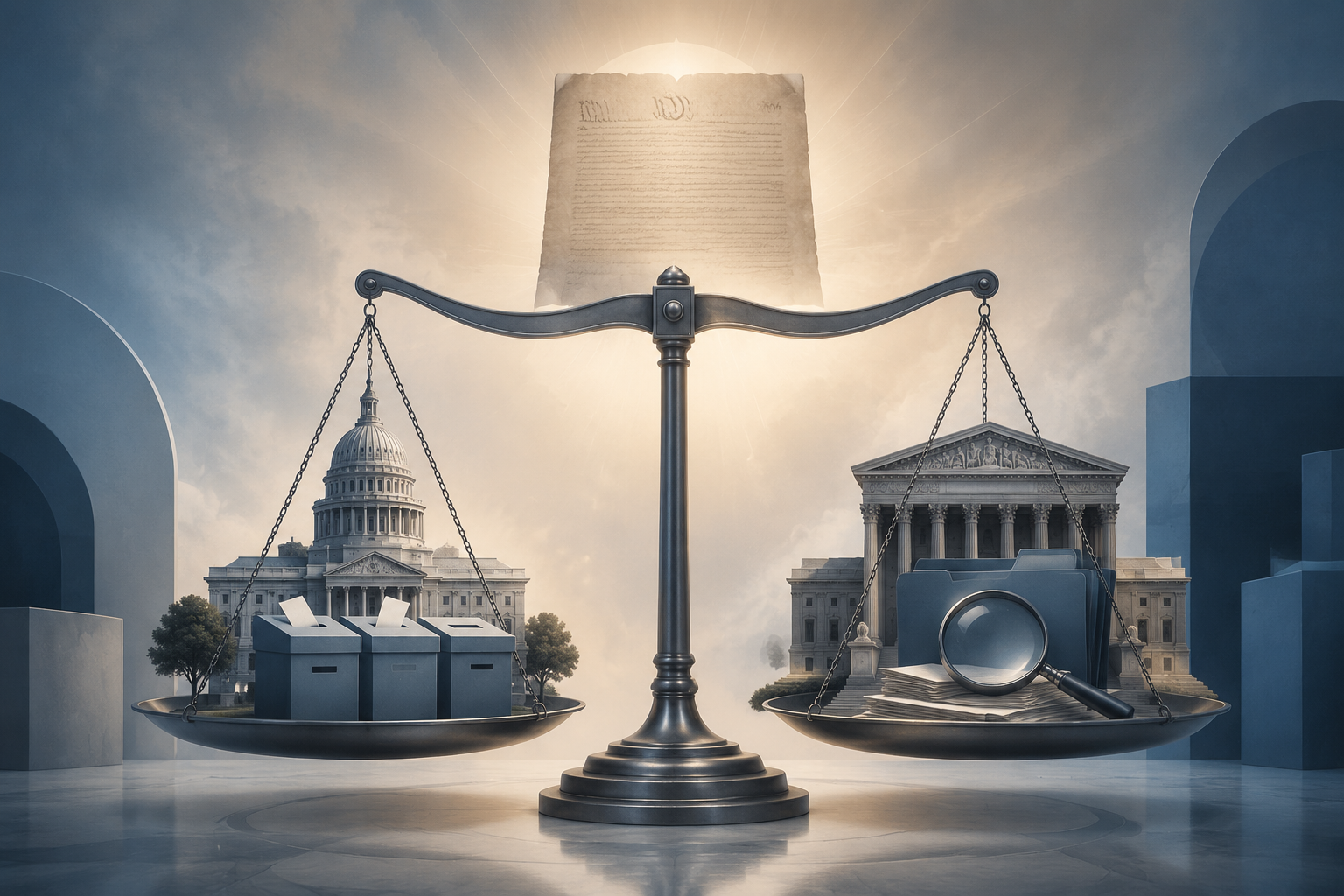Constitutional balance scale weighing state election authority against federal executive power