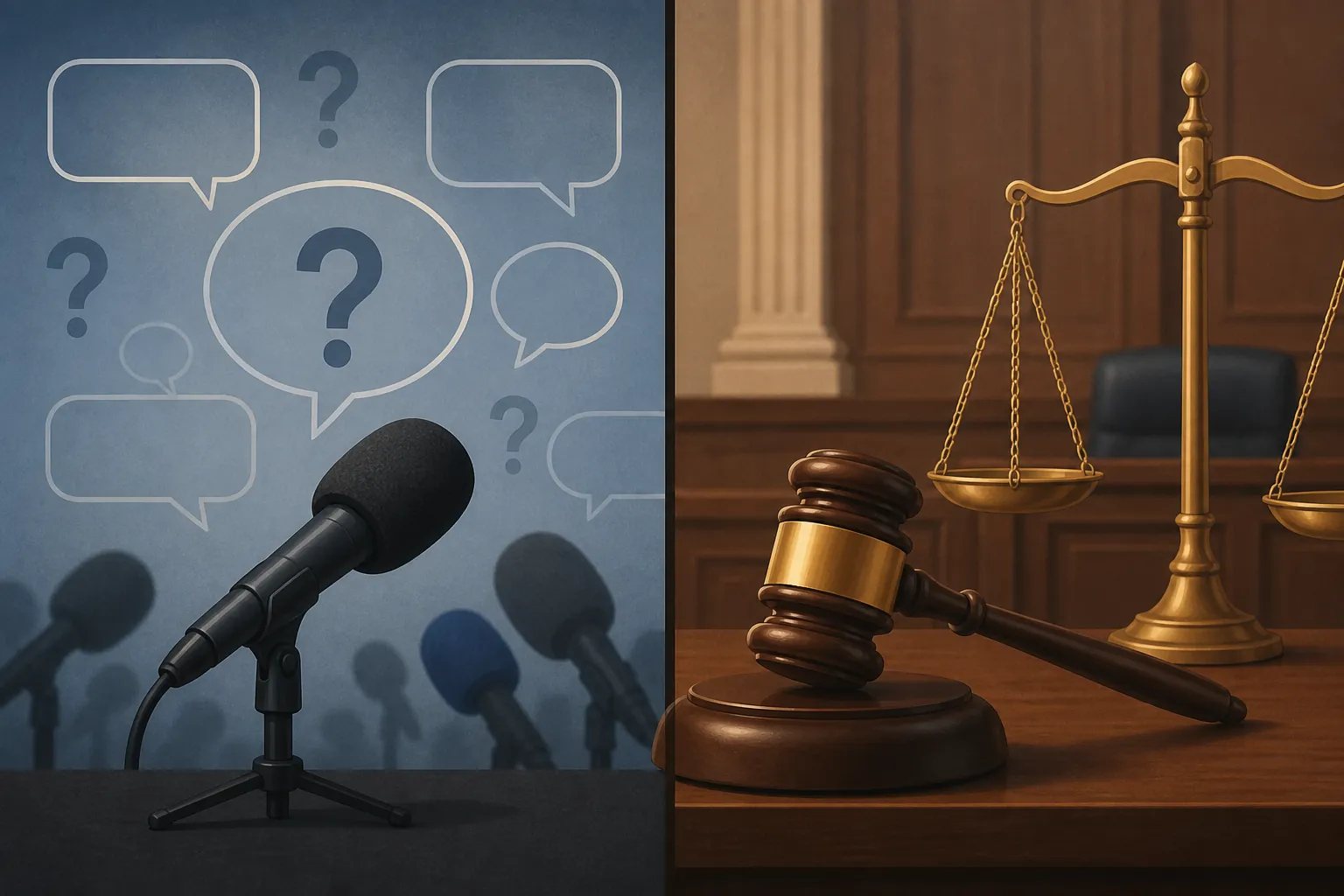 Press-conference microphones contrasted with a courtroom gavel and scales