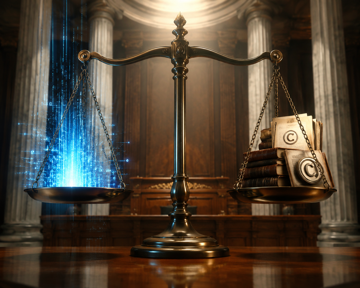 Scales of justice balancing digital data streams against copyright law books in a courthouse