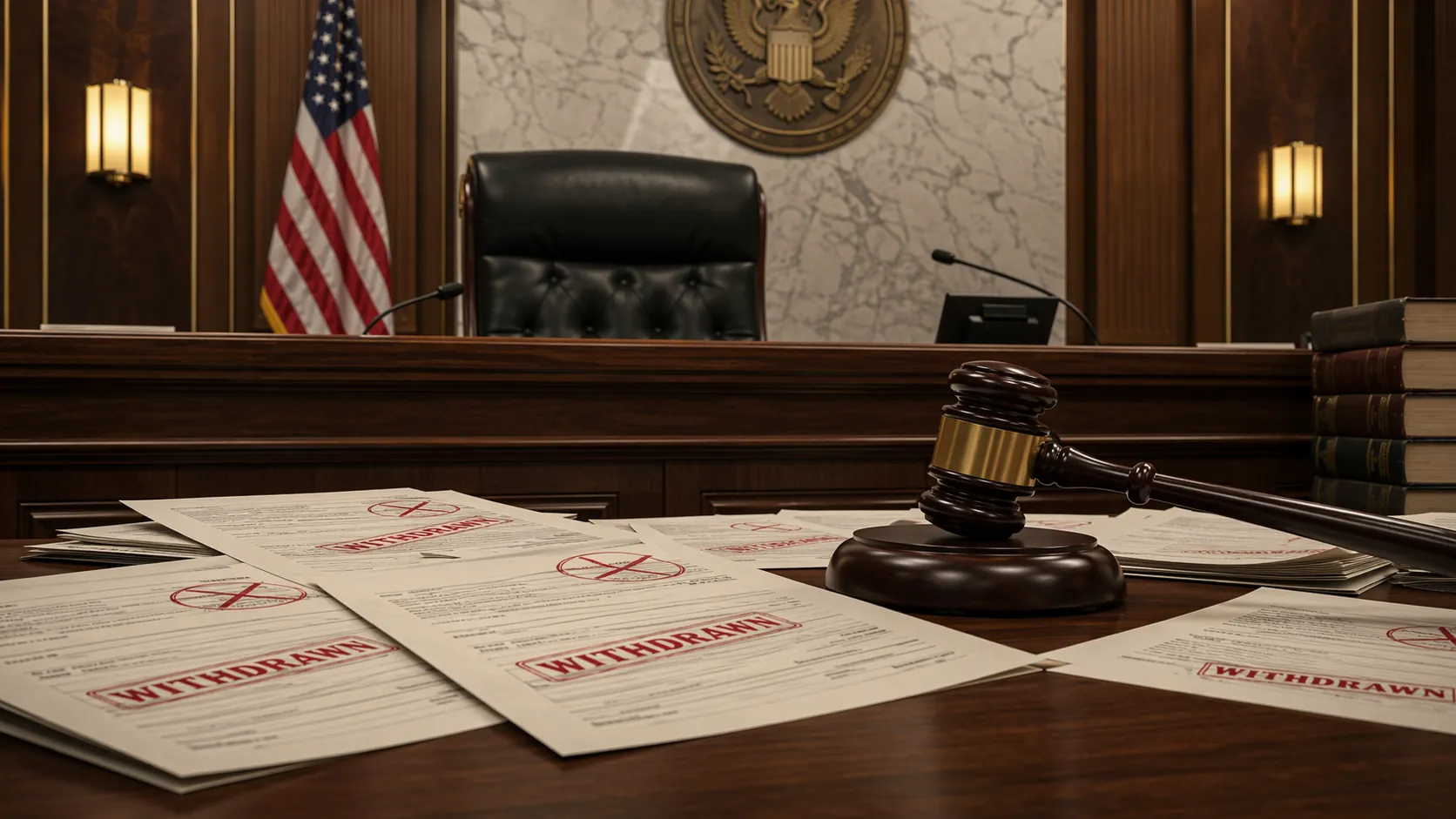 Federal judge's bench with subpoena documents marked for errors and withdrawal