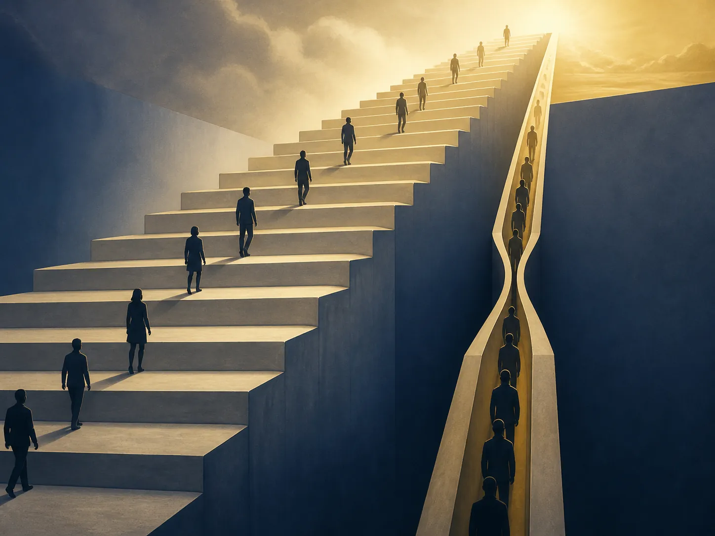 Figures climbing a broad staircase while others crowd through a narrow bottleneck beside it