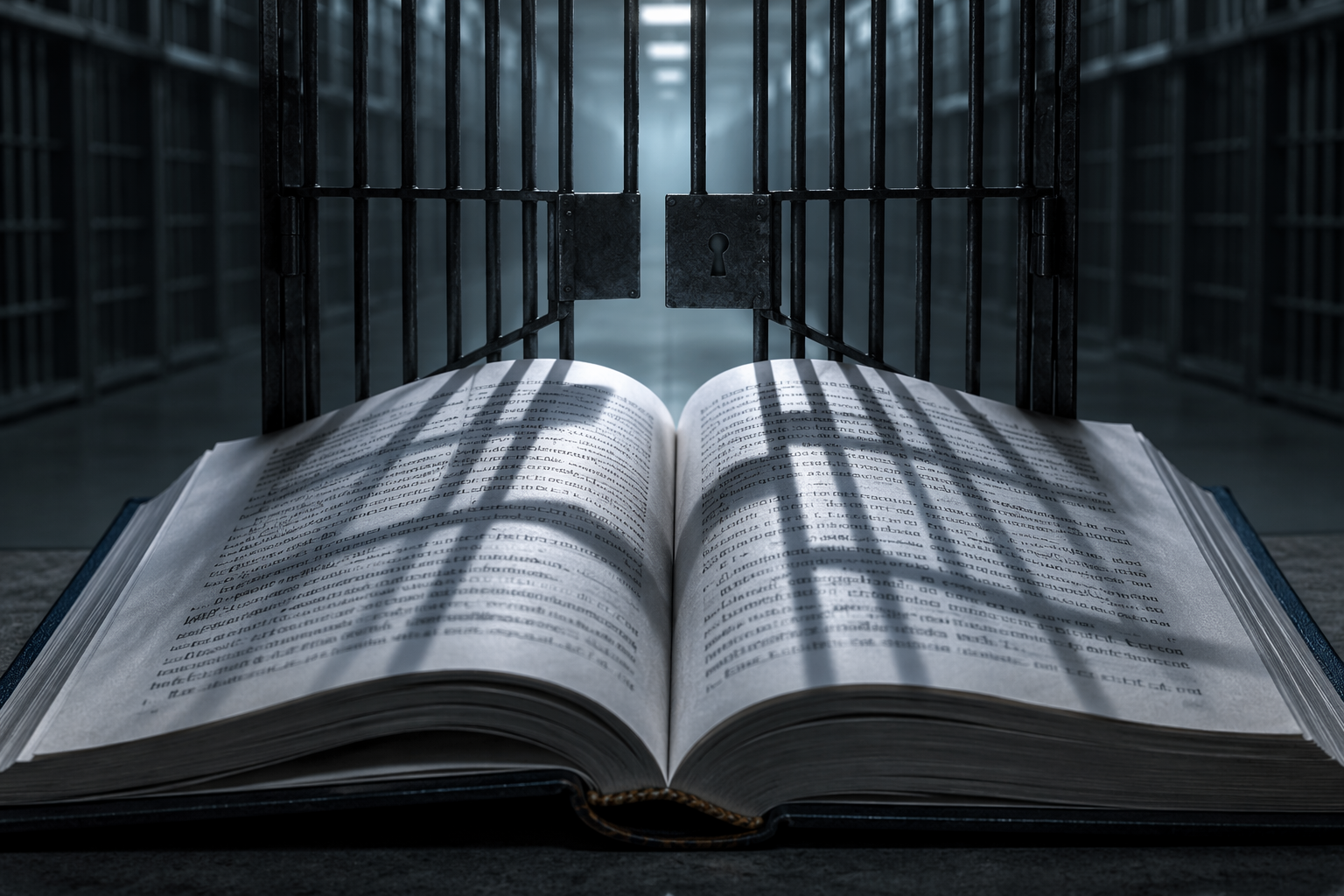 Open law book with prison bars rising from California Penal Code text