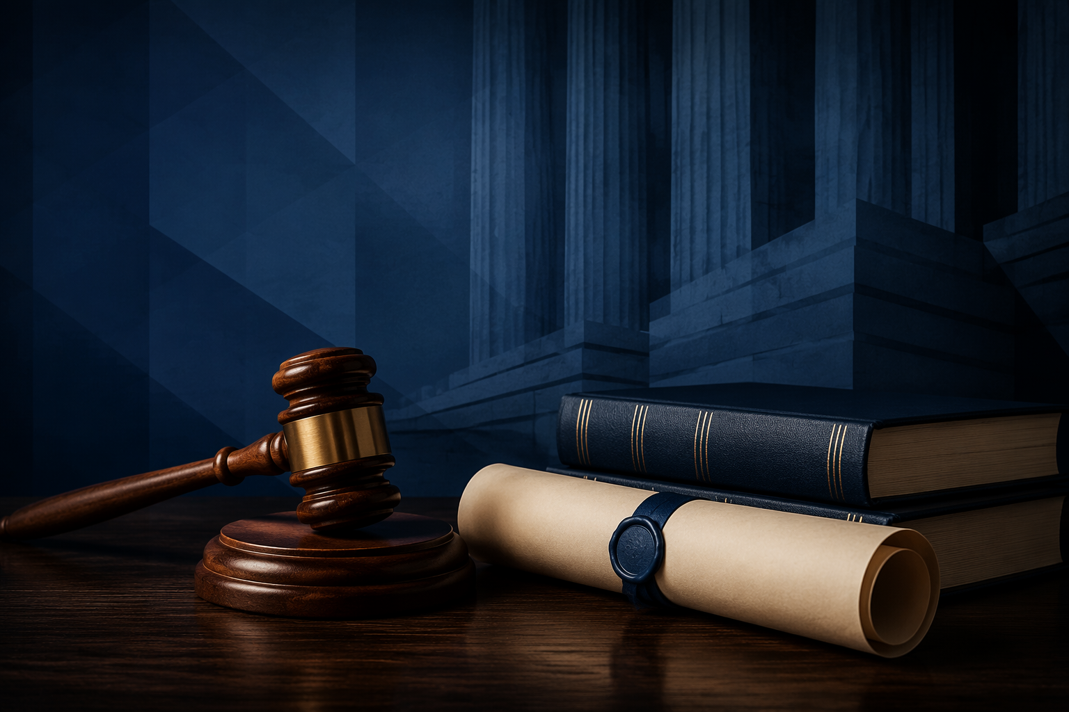 Gavel beside law books and a rolled federal indictment document on a wooden surface