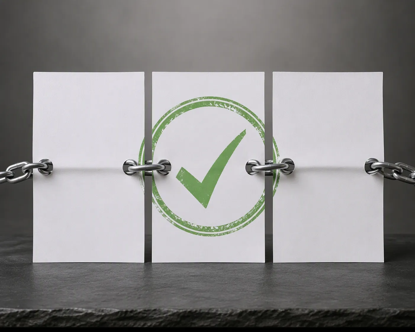 Three verified document cards linked by a chain with a green checkmark seal