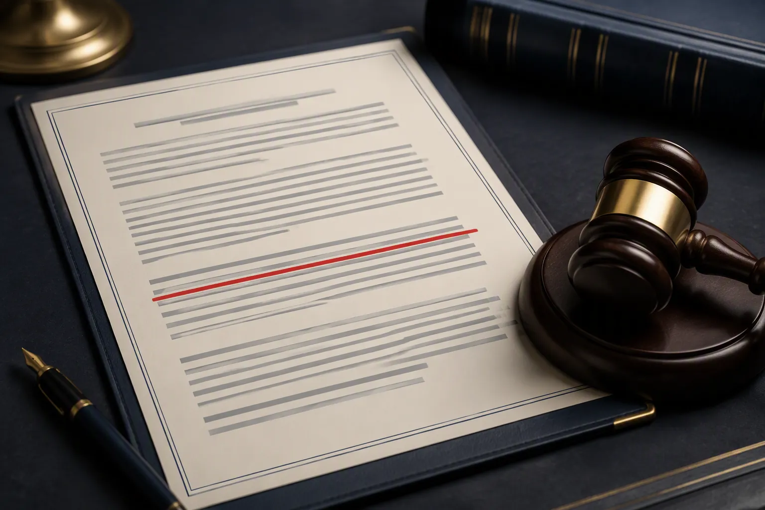 Illustration of a formal government document with a red strikeout line beside a gavel