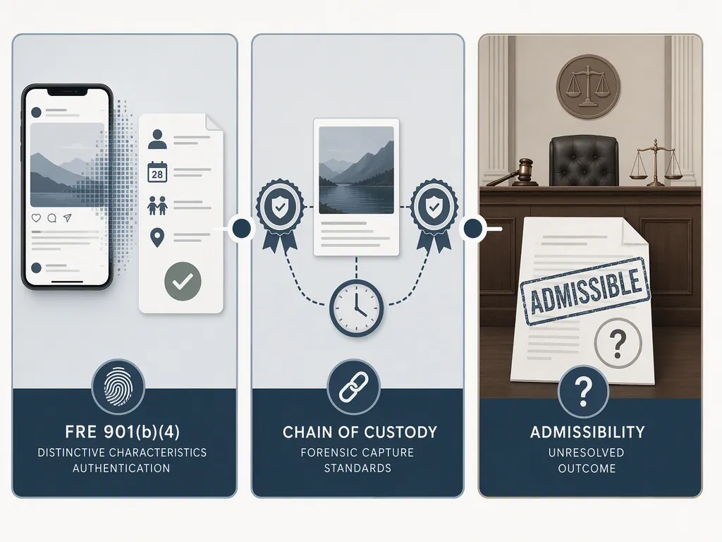 Legal diagram showing distinctive characteristics, chain of custody, and an unresolved admissibility outcome