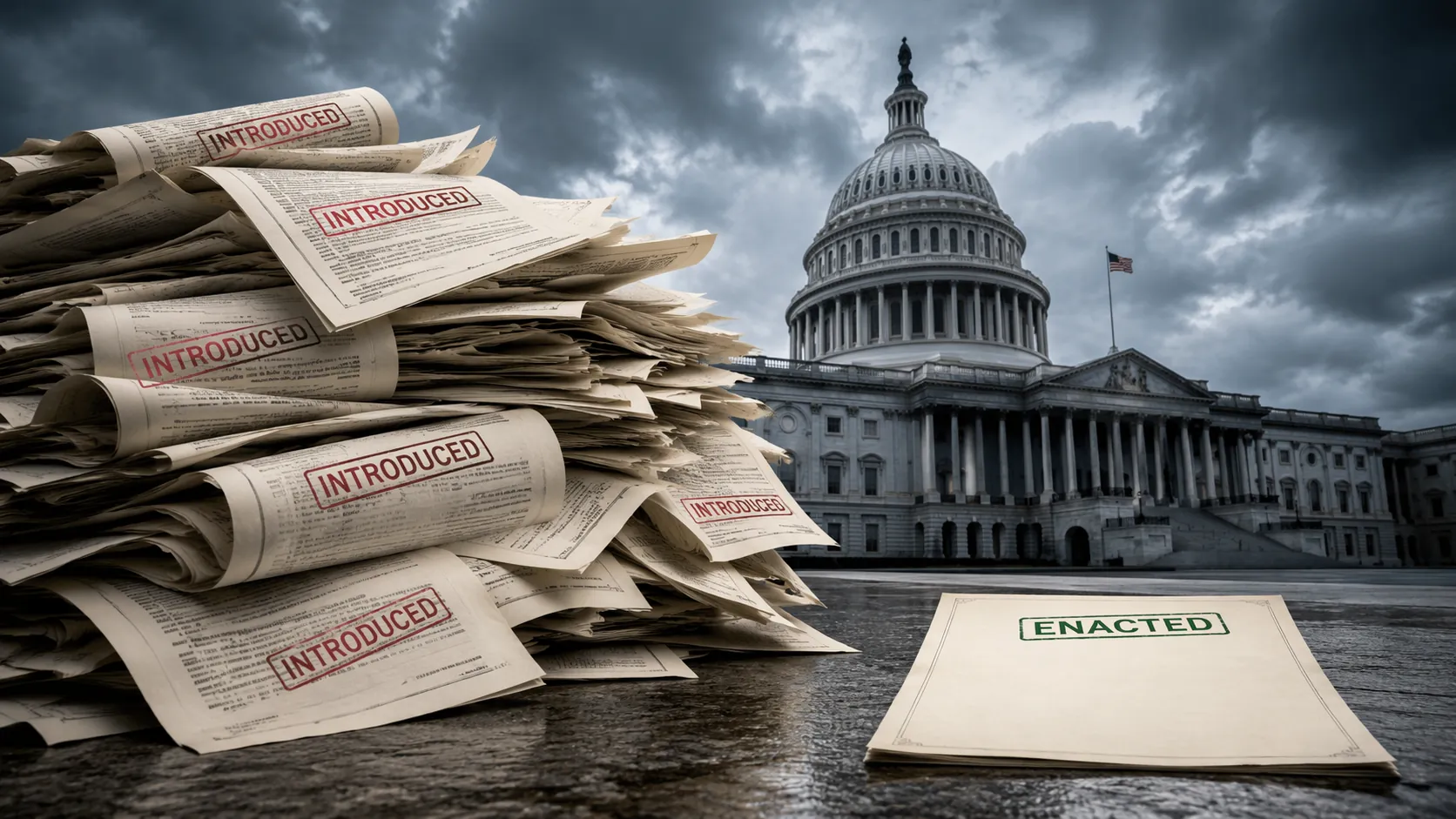 United States Capitol with introduced legislative documents contrasted against a blank enacted document