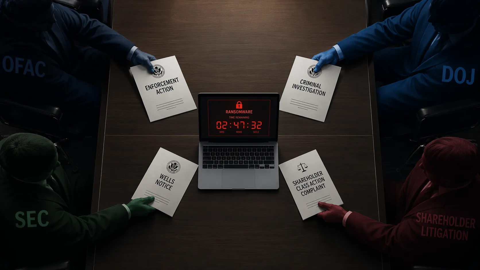 Corporate negotiation table with four legal actors placing documents around a ransomware laptop