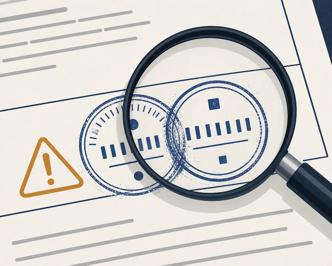Overlapping date stamps on a legal document under a magnifying glass with a warning marker
