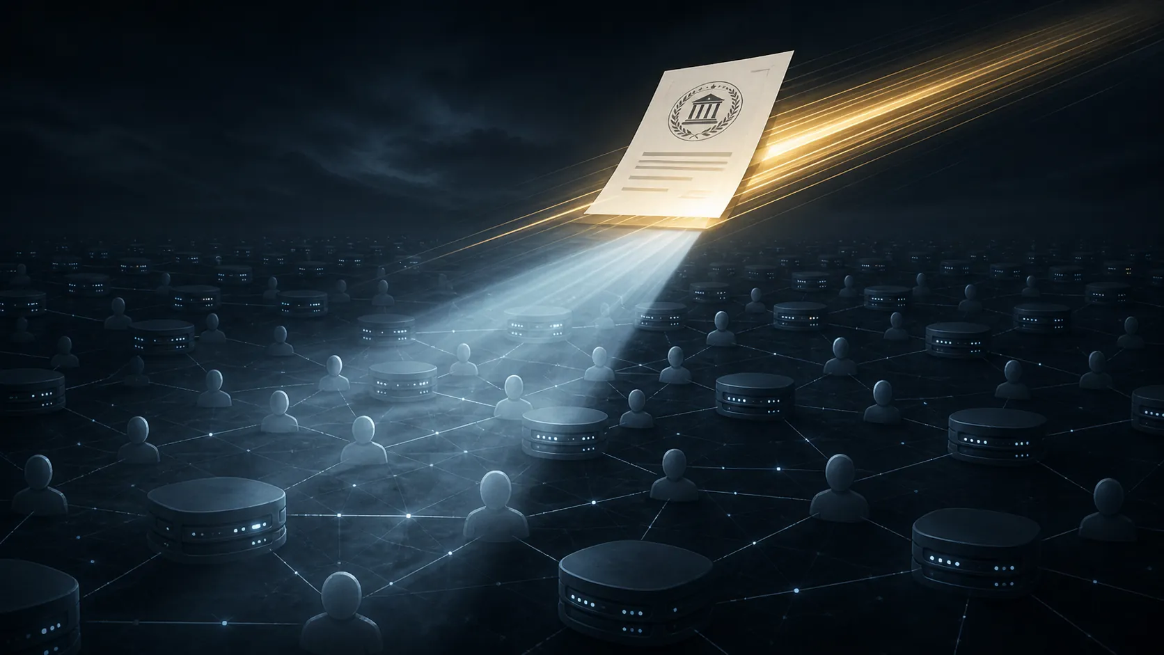 A glowing subpoena traveling over connected chat-server nodes while a searchlight sweeps anonymous user silhouettes