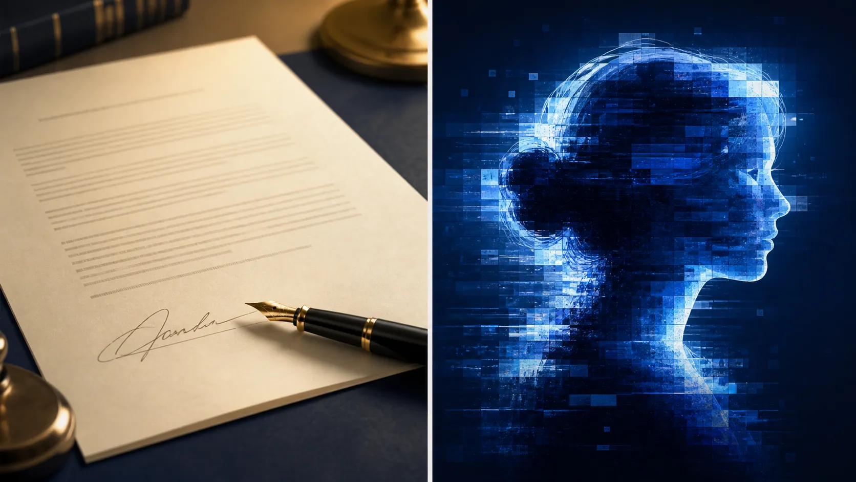 Split illustration of a signed contract beside a female silhouette dissolving into digital glitch pixels
