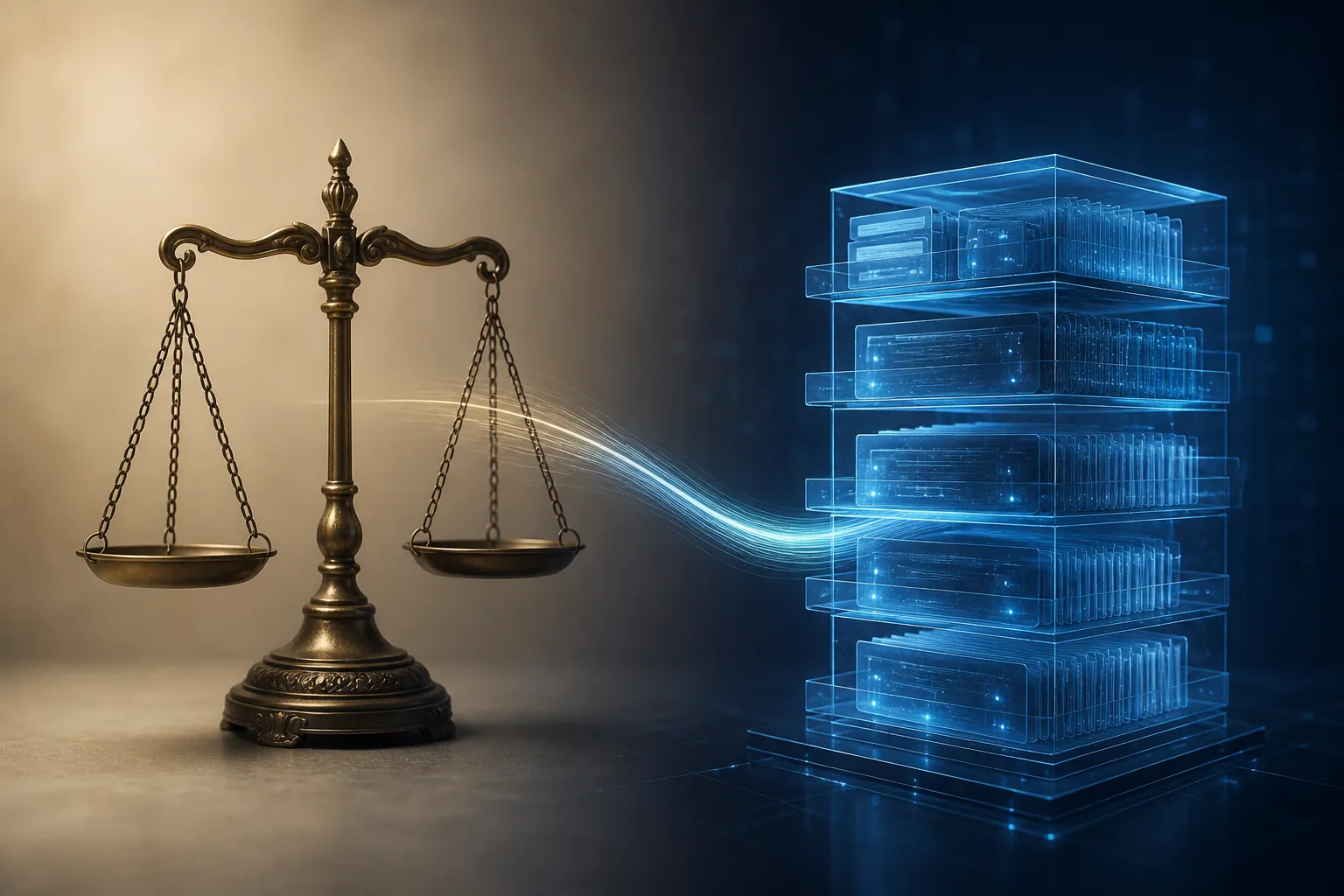 Scales of justice facing a glowing stack of digital records