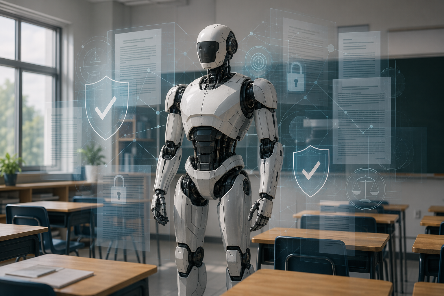 Full-sized humanoid robot in a classroom surrounded by legal document and data privacy overlays