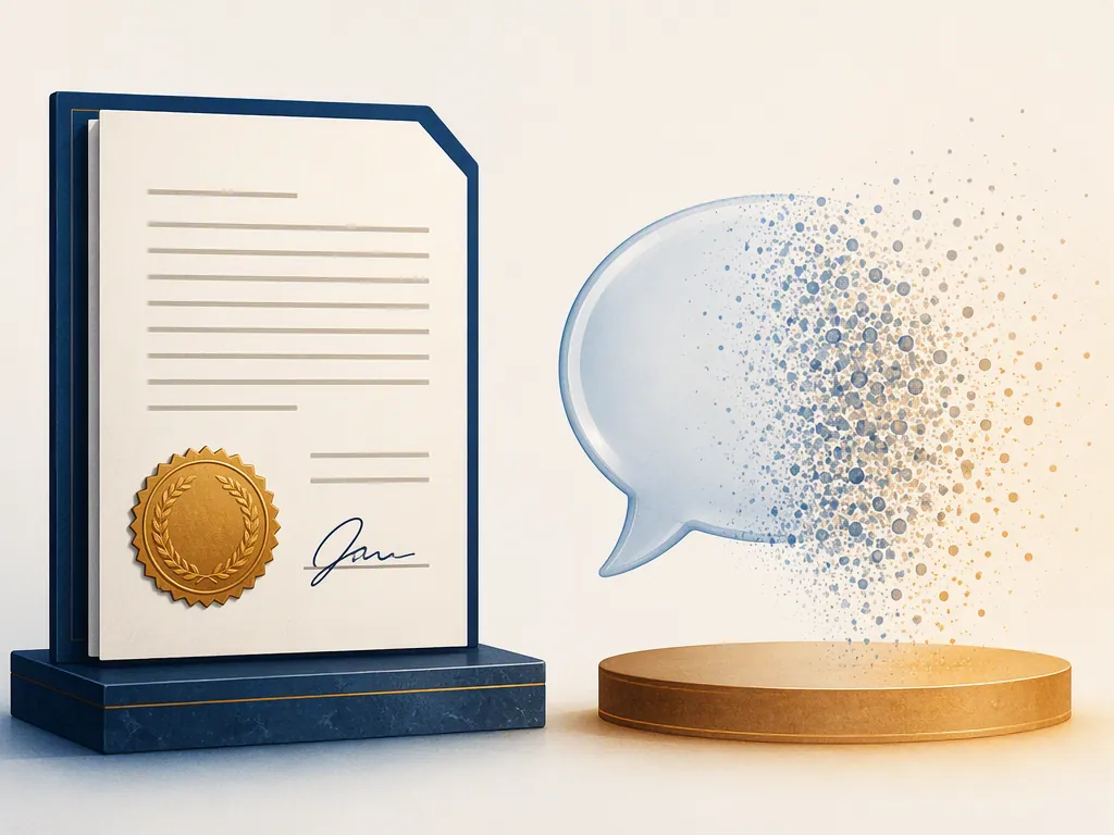 A signed official contract is contrasted with a fading speech bubble