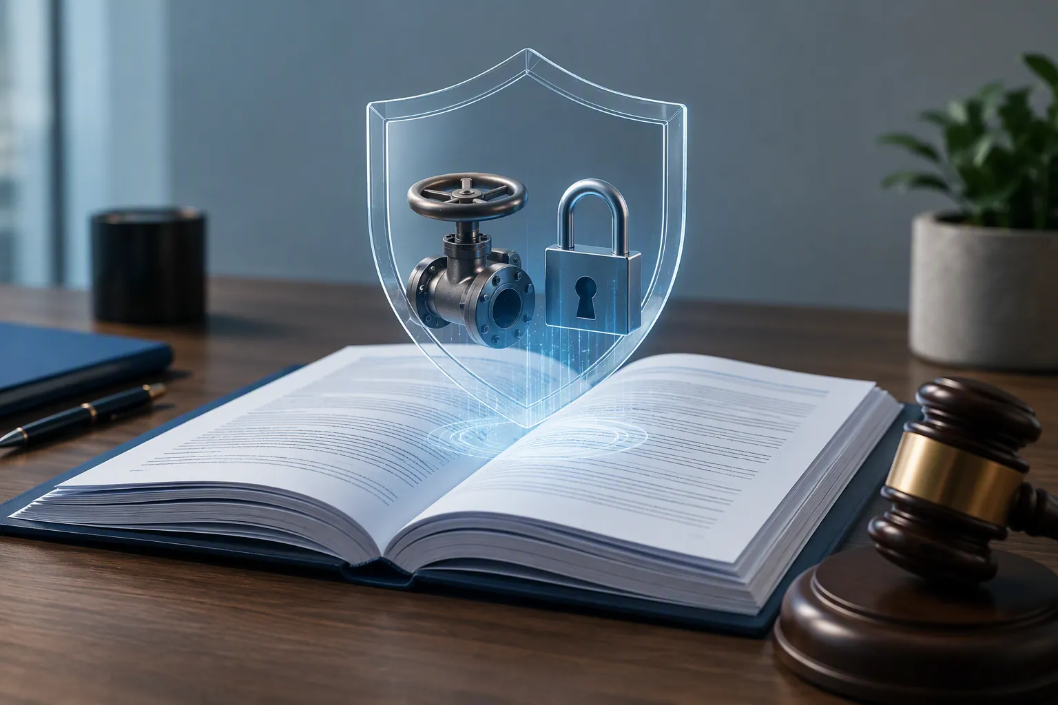 Insurance policy document with shield, valve wheel, padlock, and gavel