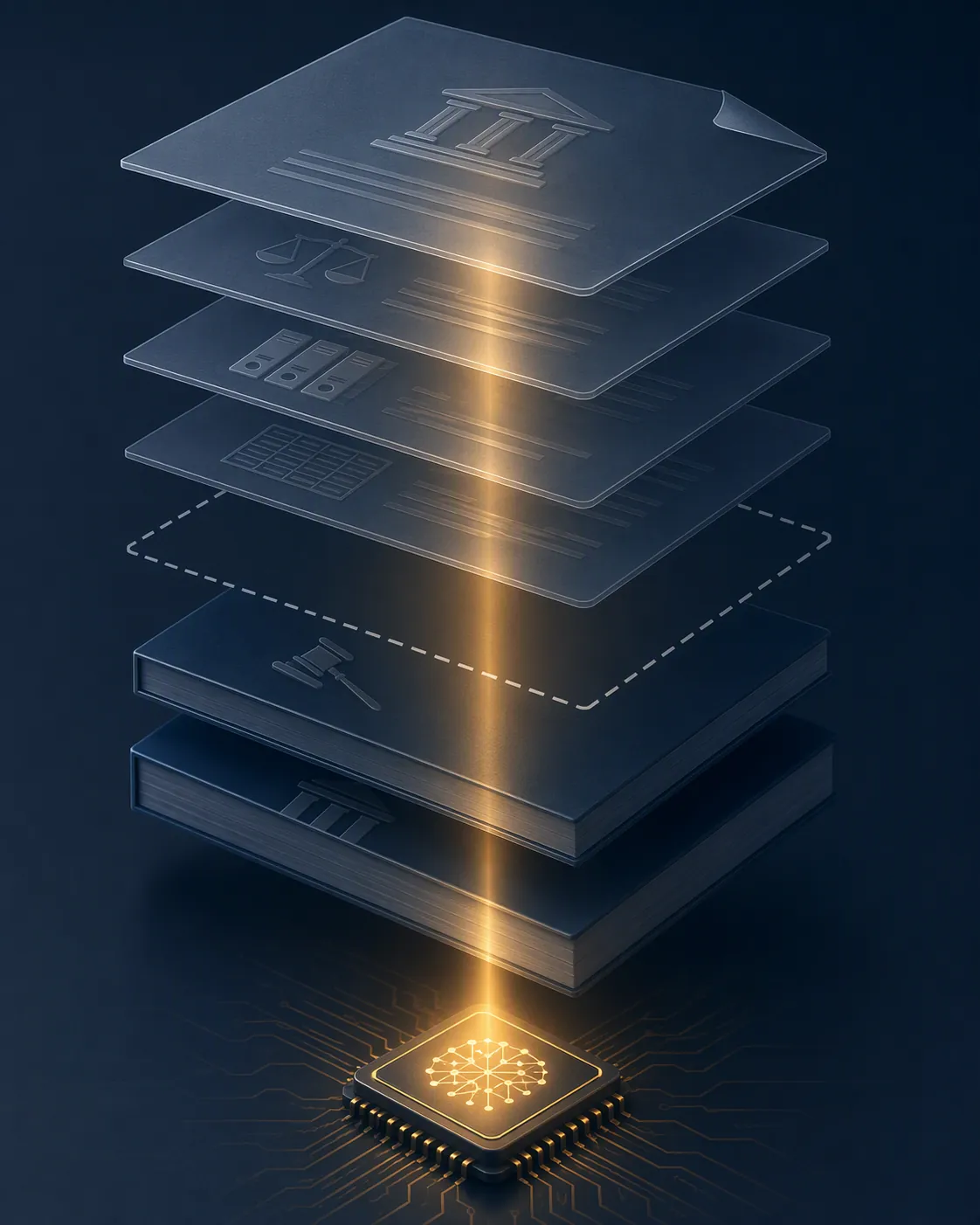 Translucent legal document layers with an empty dashed frame and an AI chip below