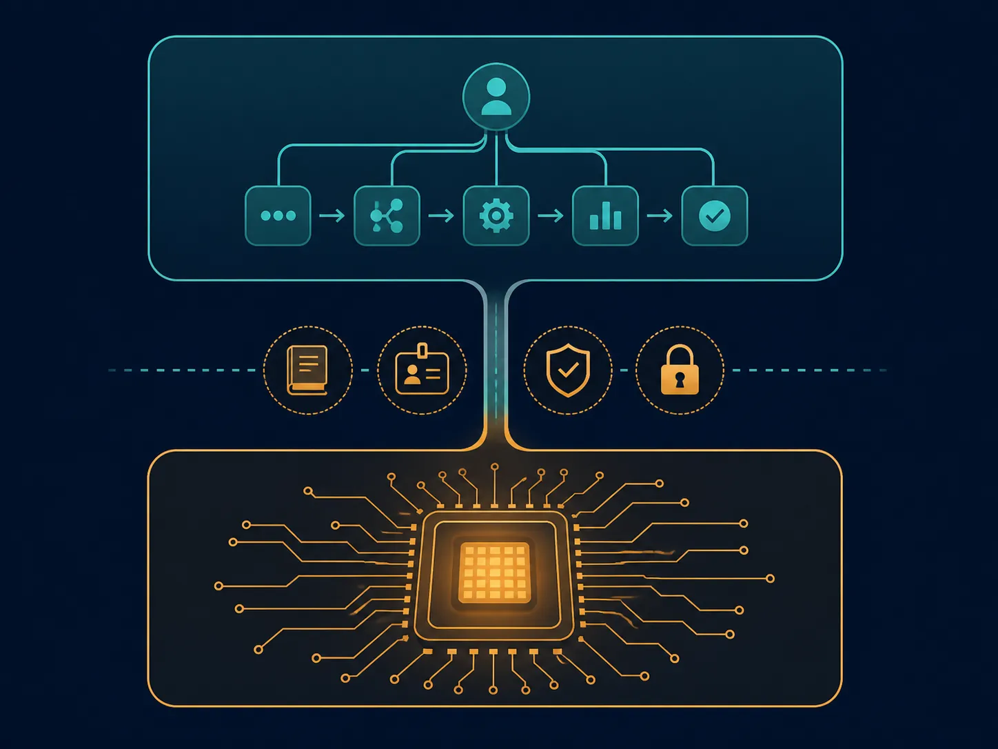 Two-layer diagram showing agent orchestration connected to a model core with governance icons
