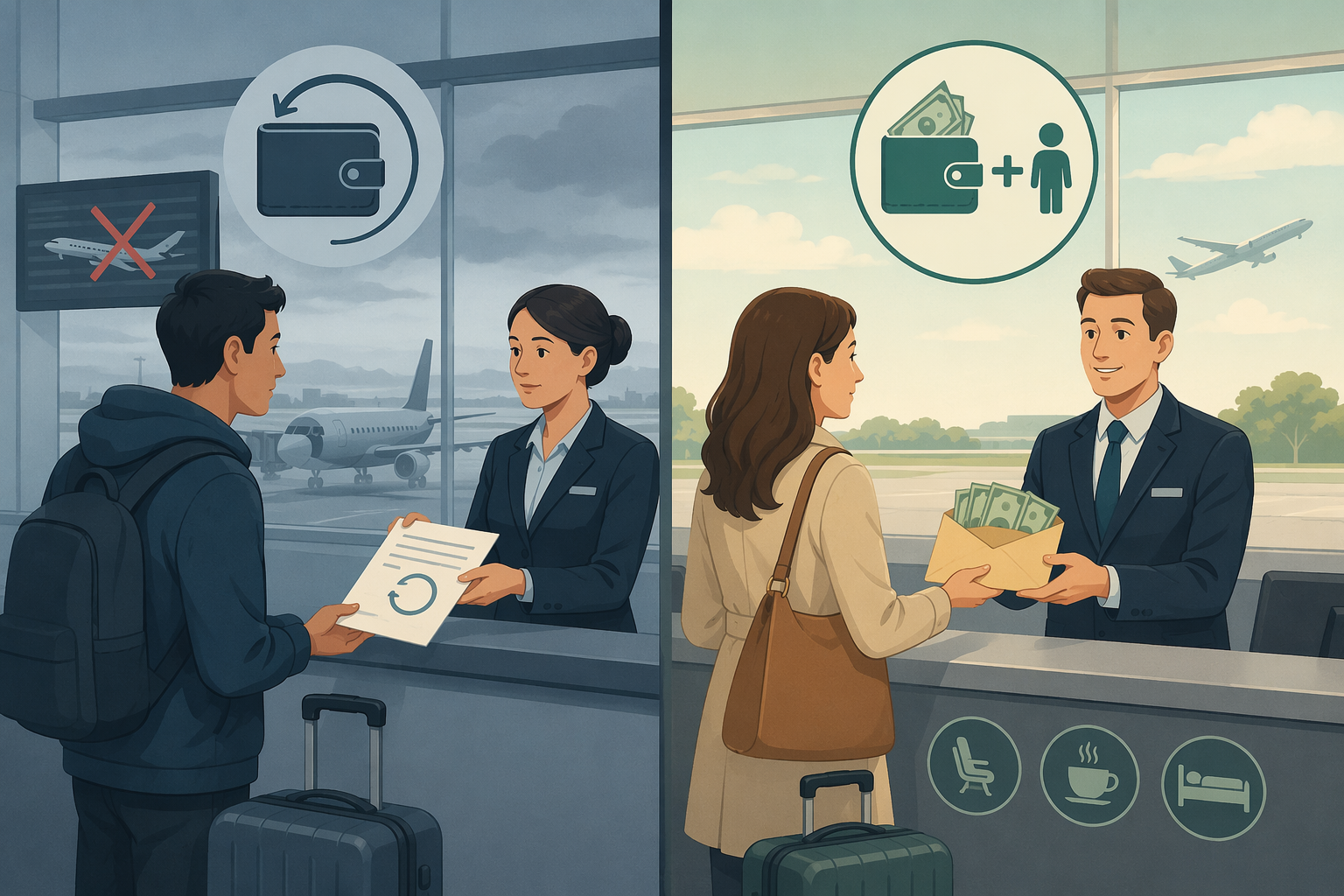 Editorial illustration comparing US refund-only airline passenger rights with European refund-plus-compensation passenger rights