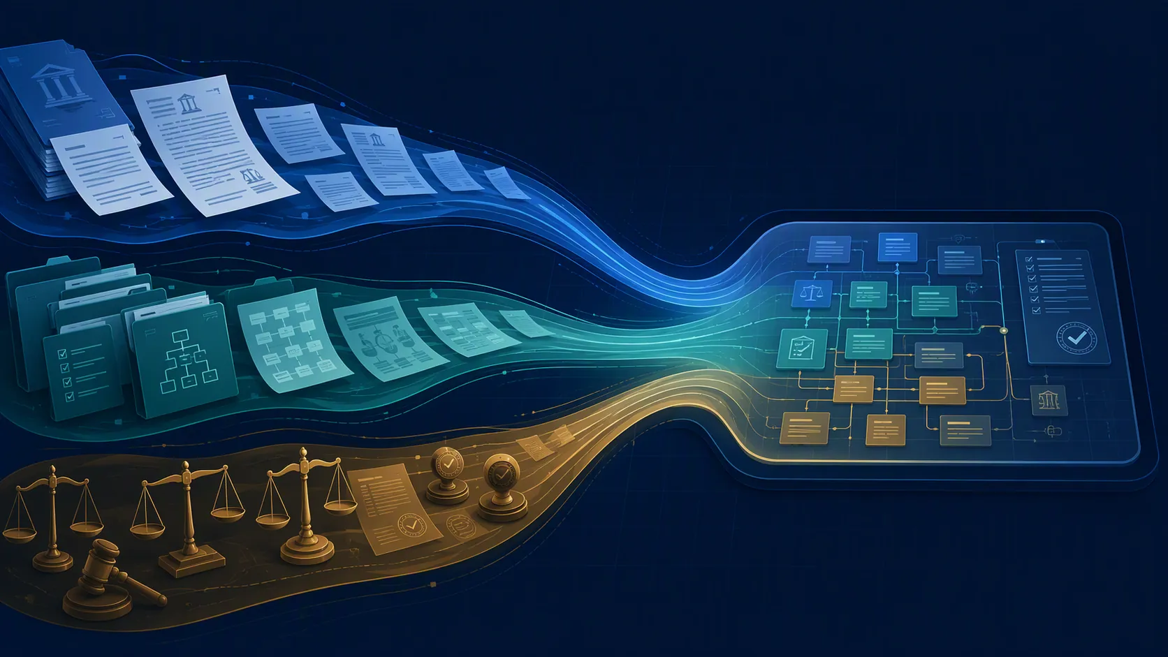 Three regulatory streams of legislation, guidance, and enforcement converging into one status tracker