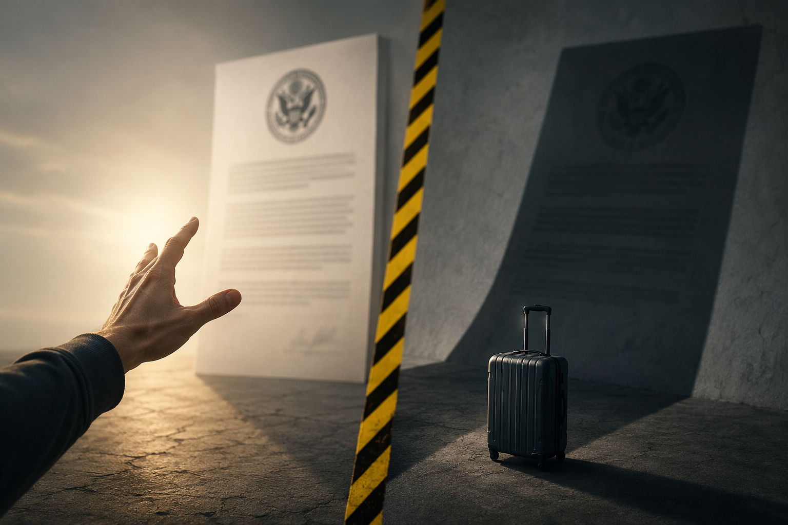 Government document casting a shadow over a suitcase divided by caution tape