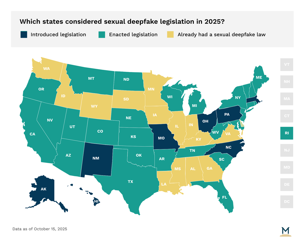 Map of states with enacted deepfake legislation affecting elections