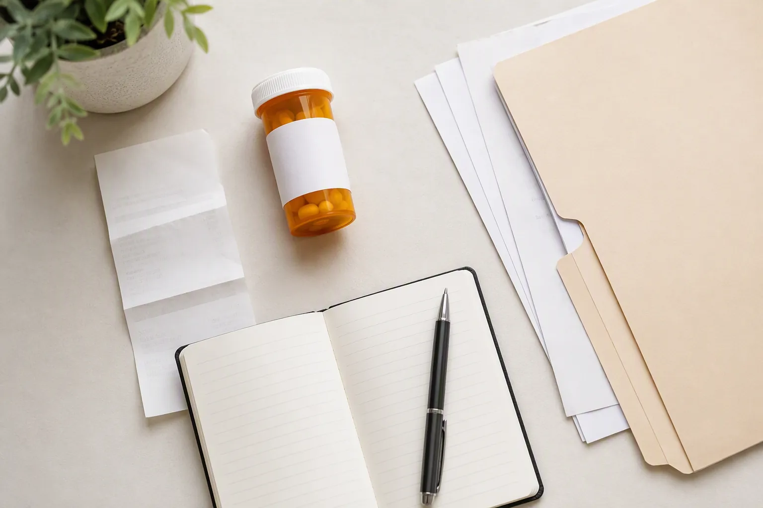 Prescription bottle, pharmacy receipt, notebook, pen, and folder arranged for medication-claim recordkeeping