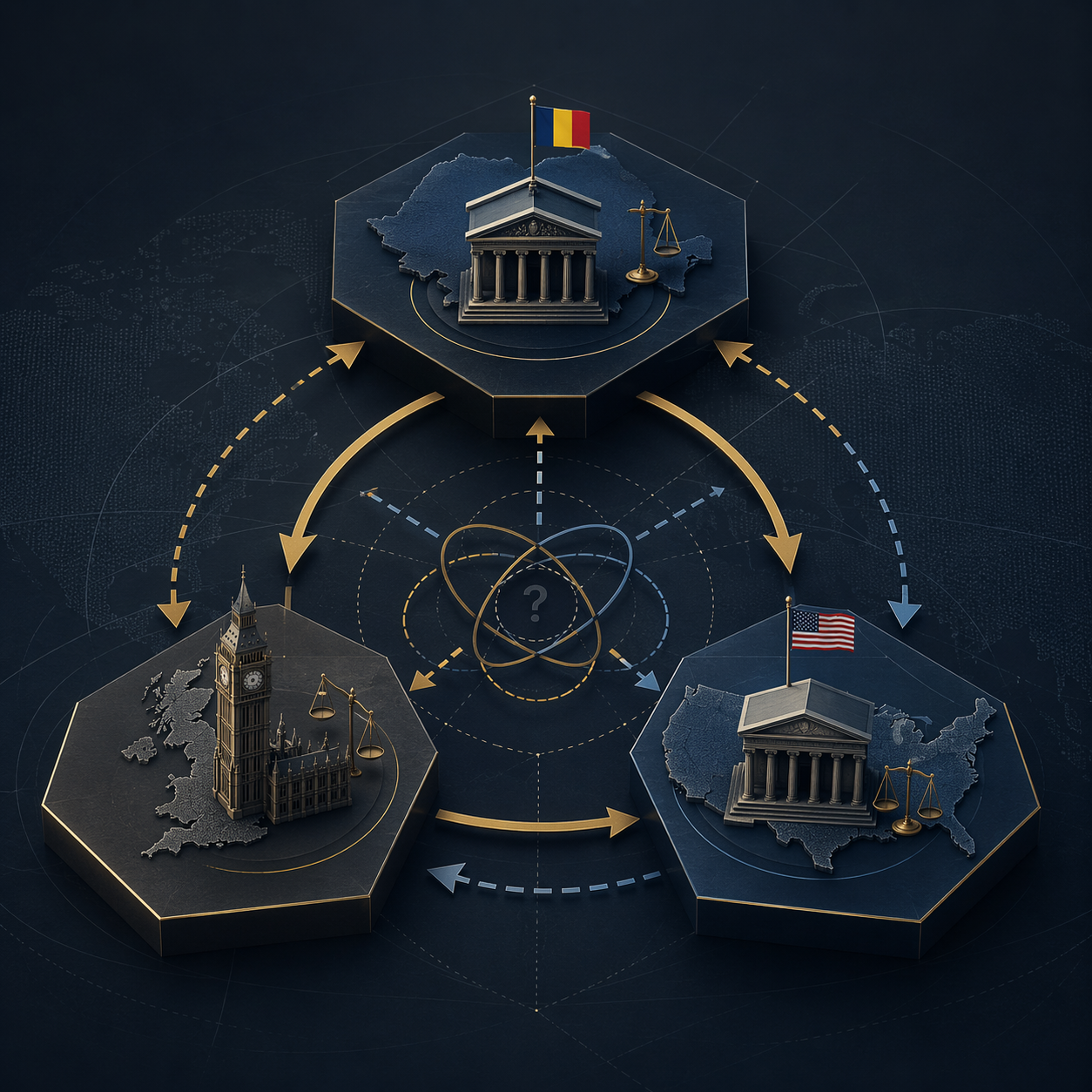 Conceptual triangle of Romania, the UK, and the US connected by procedural arrows showing extradition sequencing friction