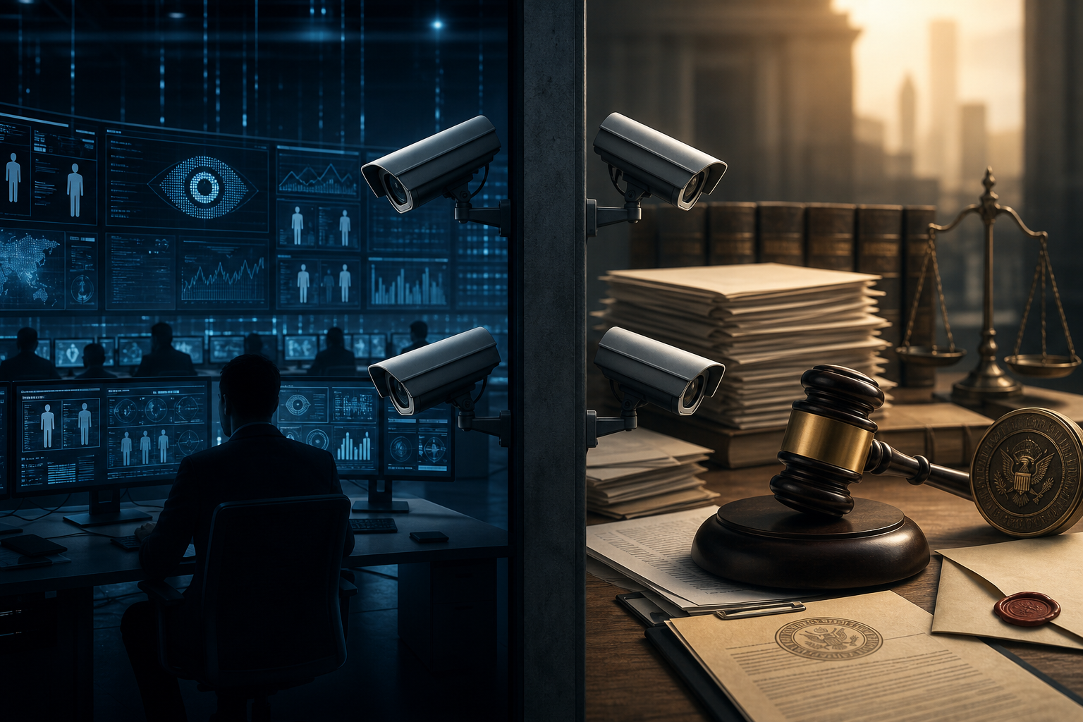 Corporate surveillance control room divided from legal documents and regulatory symbols