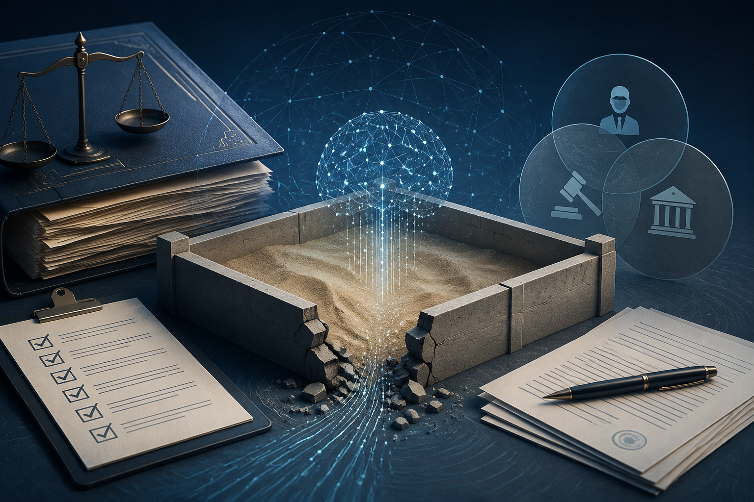 Cracked sandbox barrier layered with legal governance documents and compliance checklists