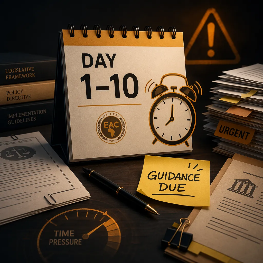 Calendar marked Day 1 to 10 with an alarm clock, EAC seal symbol, legal documents, and a note reading Guidance Due