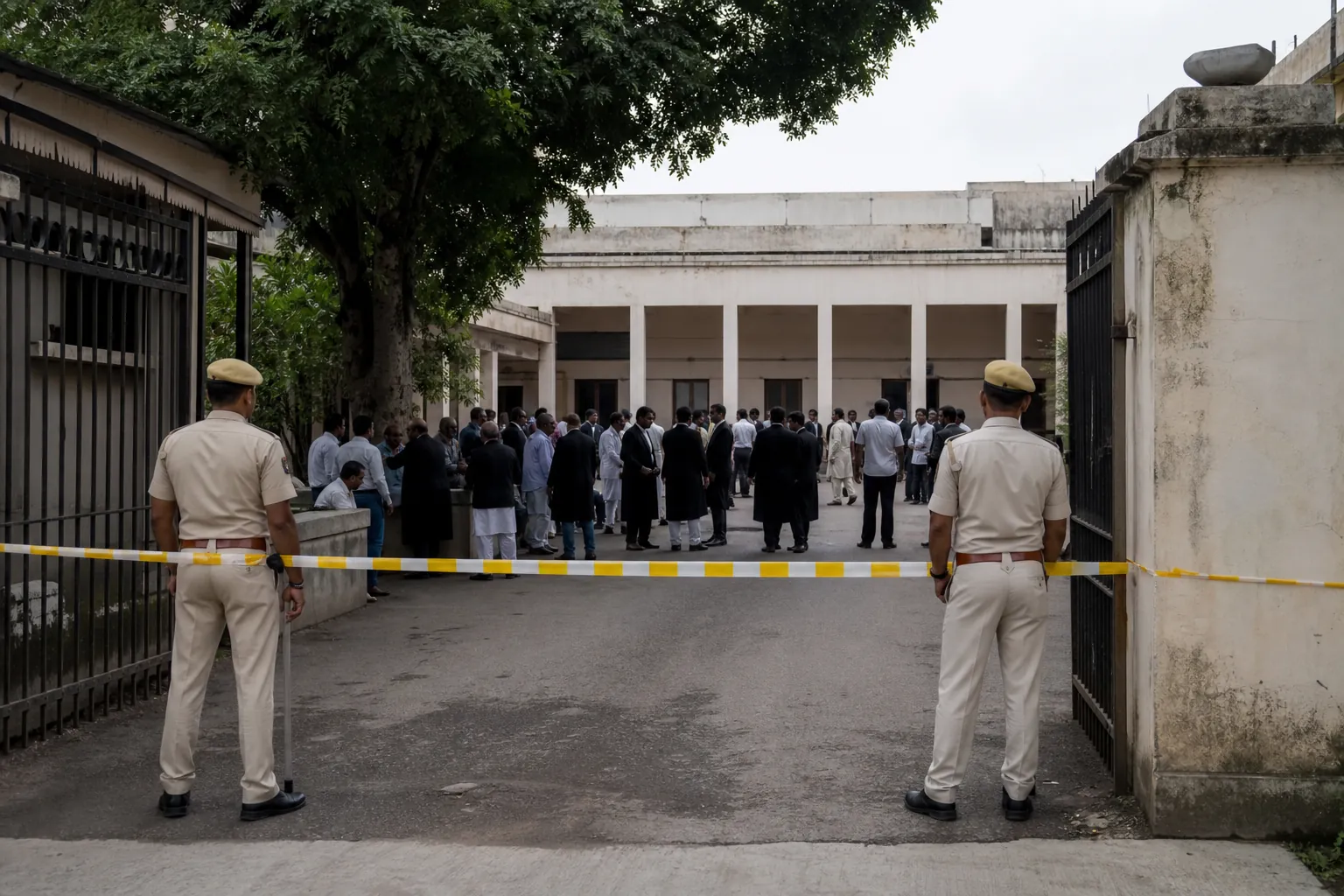 District sessions court complex under security alert with police, barricade tape, lawyers, and litigants outside