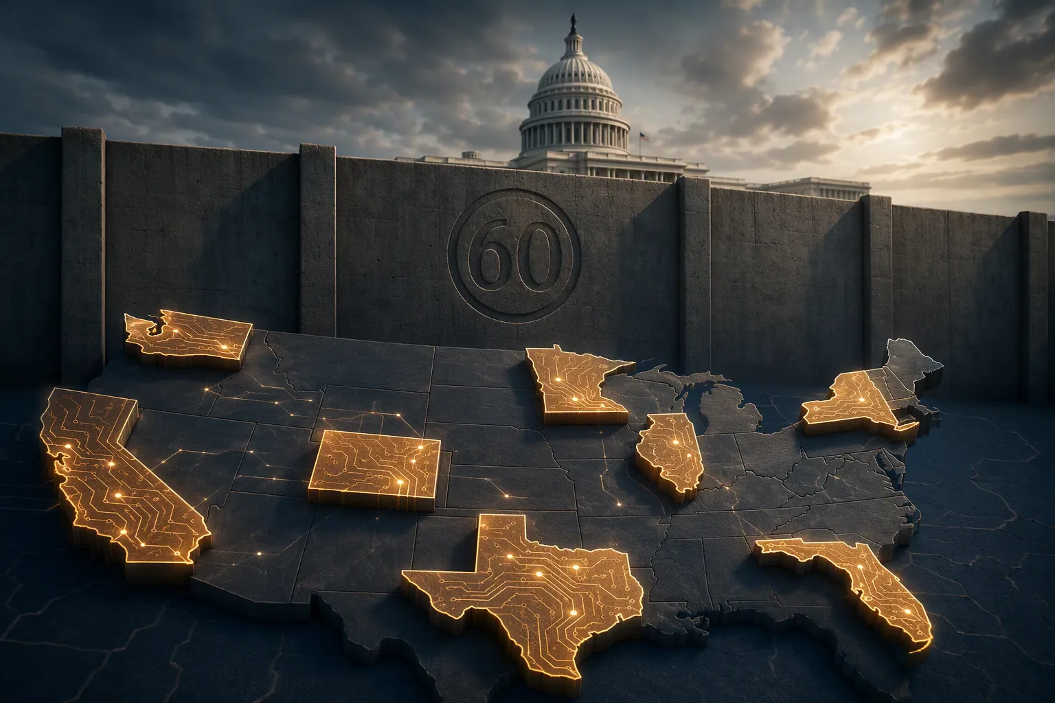 U.S. Capitol behind a 60-vote barrier with glowing state AI regulation blocks in the foreground