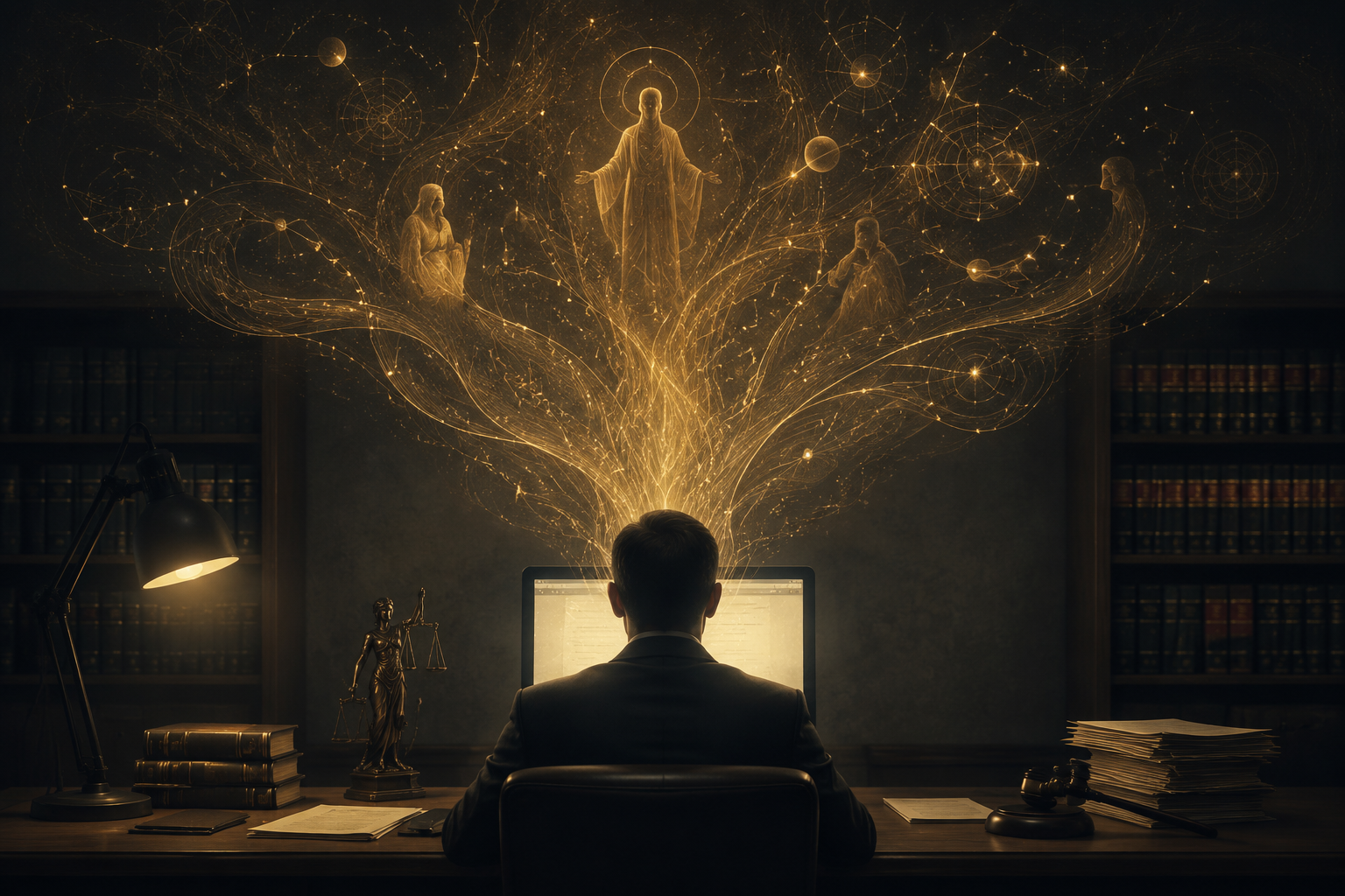 Silhouette facing a glowing computer screen emitting abstract prophetic light and celestial symbols