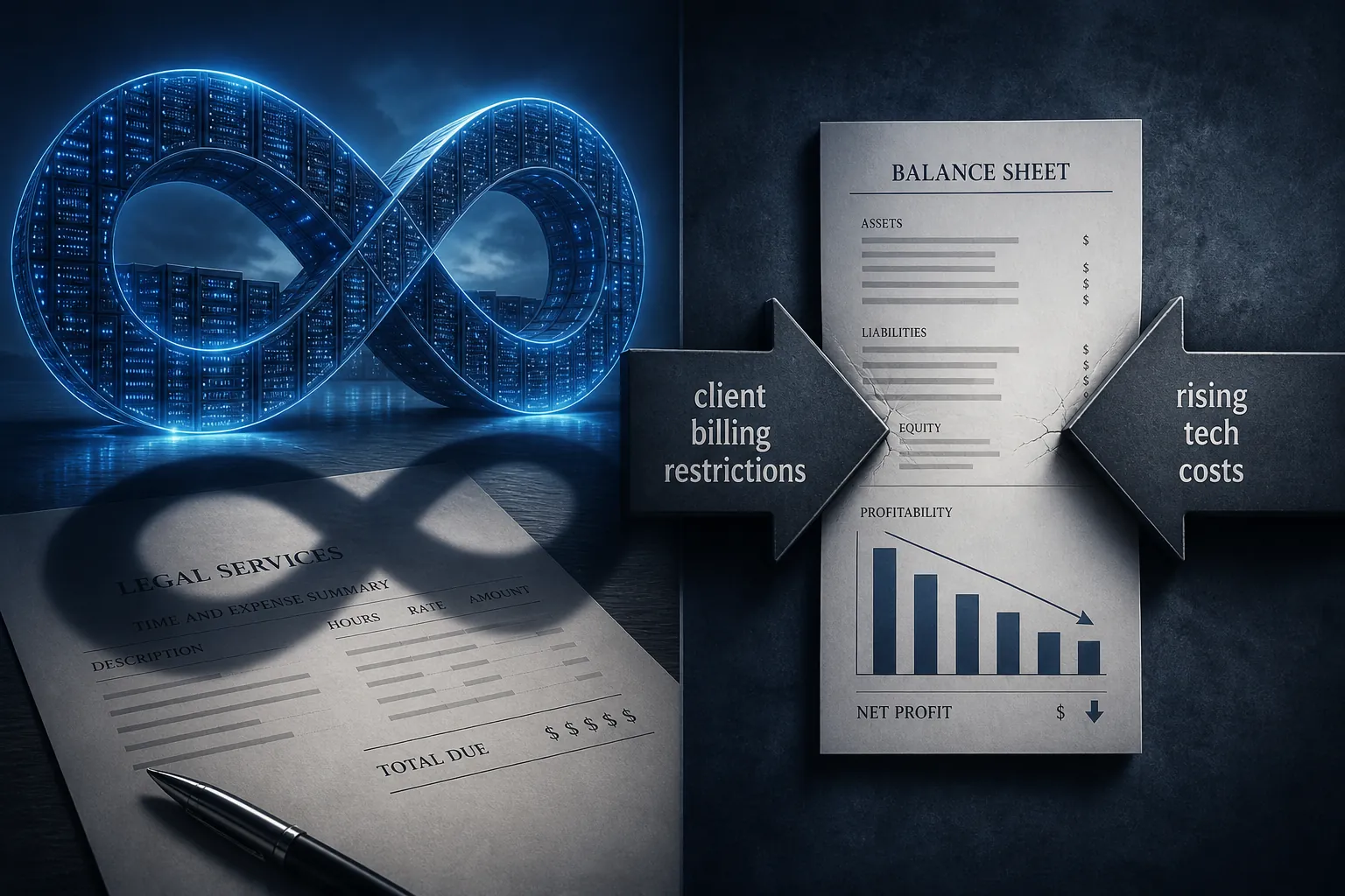 Blue data center infrastructure casting a shadow over a law firm billing document while opposing arrows squeeze a law firm profit chart