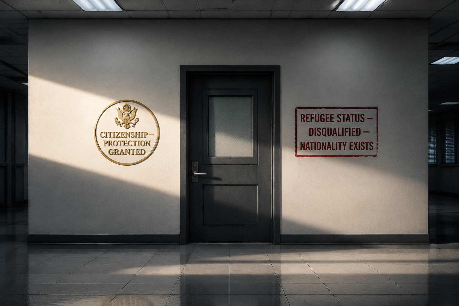 Institutional hallway door showing citizenship protection and refugee status disqualification as conflicting legal outcomes