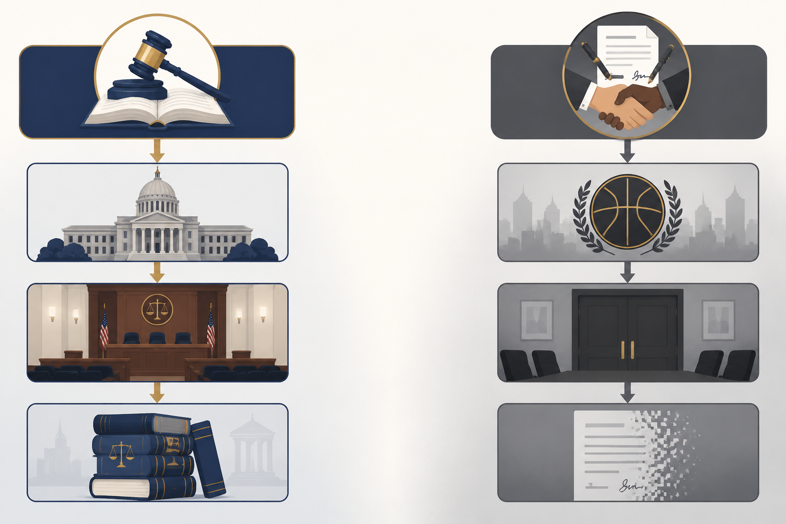 Side-by-side accountability tracks comparing public attorney discipline with private union arbitration.