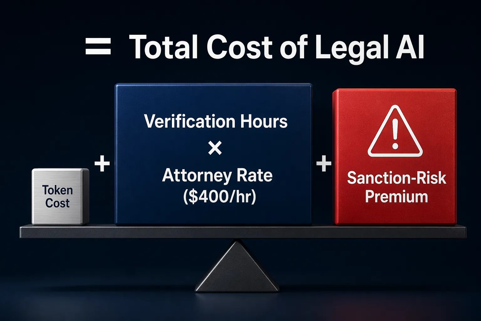 Formula graphic comparing token cost, attorney verification cost, and sanction-risk premium as parts of total legal AI cost
